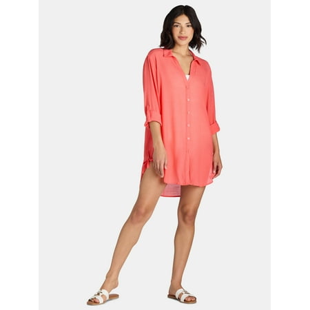 Time and Tru Women’s and Women’s Plus Shirt Coverup with Long Sleeves, Sizes XS-3X