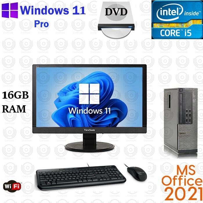 Dell Desktop Computer PC Intel i5 16GB RAM 1TB HD Windows 11 Pro 20″ LCD WiFi