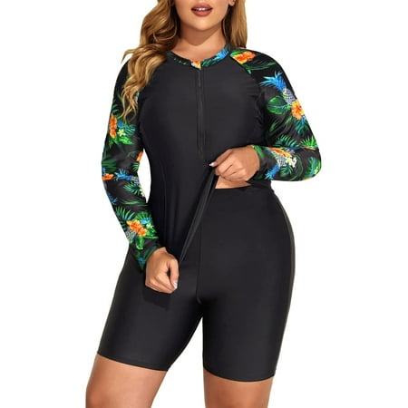 Womens Plus Size Long Sleeve Swim Rash Guard 2 Piece Swimsuits Half Zip Bathing Suit with Swim Capris UPF 50+