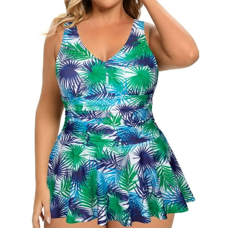 Women’s Plus Size Ruched One Piece Swimdress Tummy Control Floral Skirted Swimsuit Bathing Suit