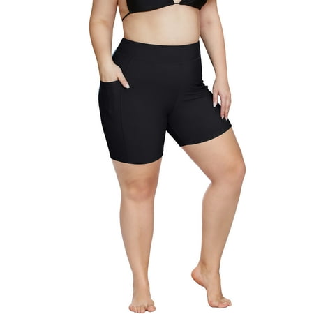 Charmo Plus Size High-Waist Swim Shorts for Womens Boardshort Bike Sport Swim Bottoms Bikini Shorts with Pockets