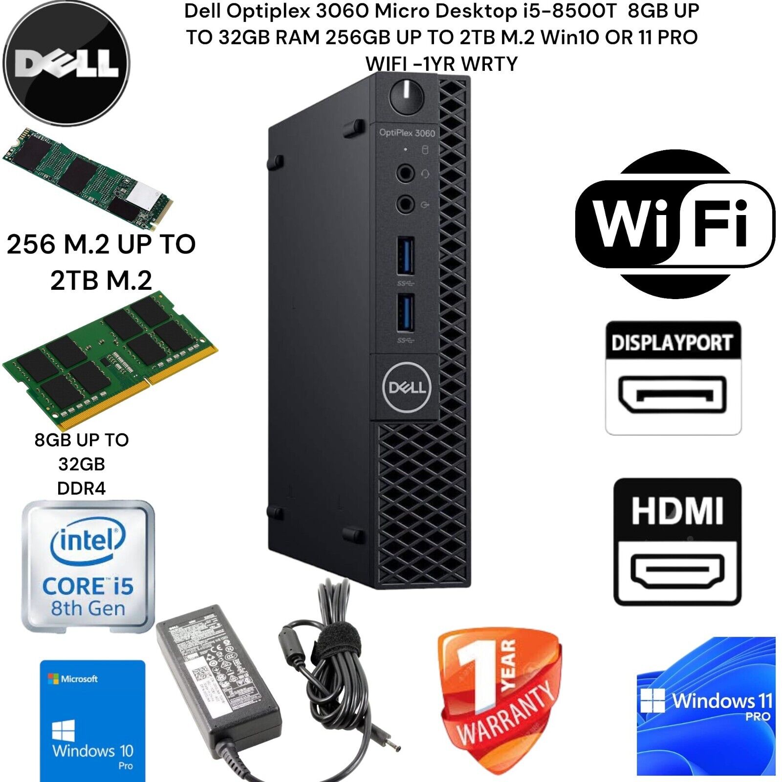 Dell OptiPlex 3060 MICRO DESKTOP PC COMPUTER I5 8TH GEN UP TO 32GB UP TO 2TB M.2