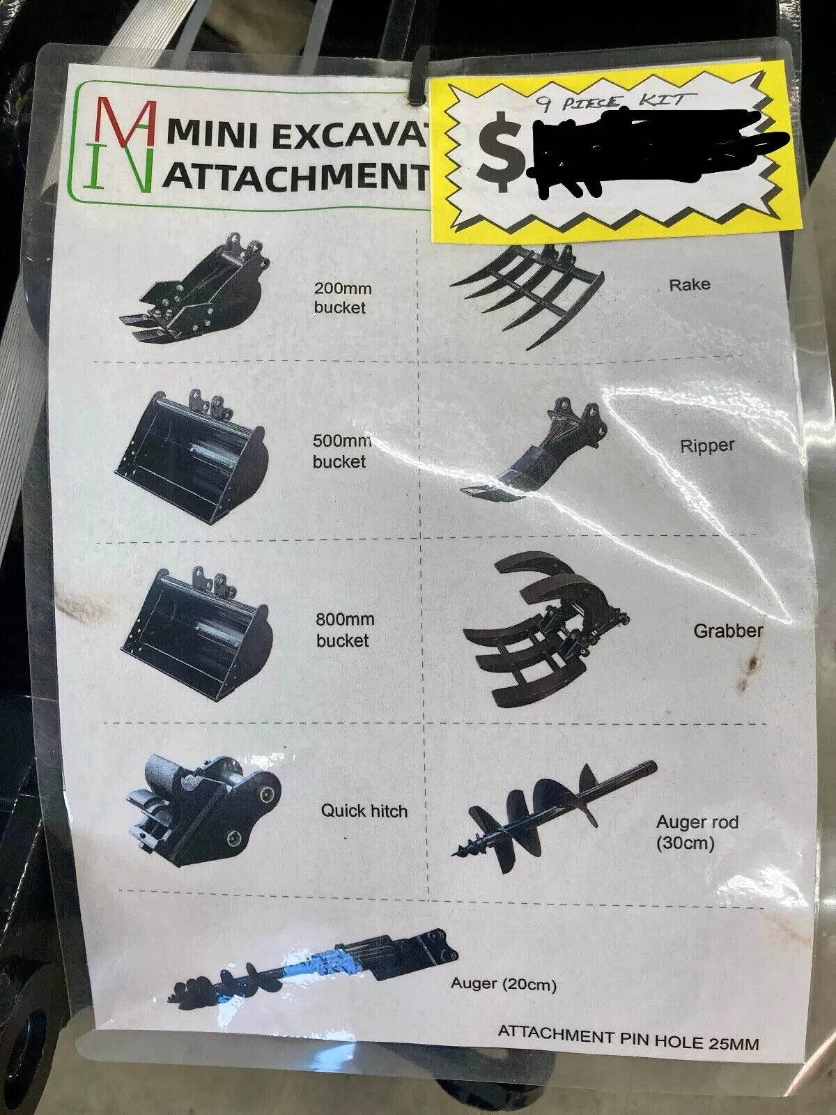 Mini Excavator 9 Piece Attachment set – BRAND NEW -Ships Freight or Local Pickup