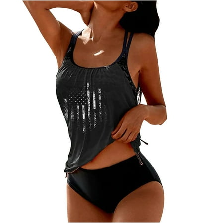 Amzcrzy Womens Tummy Control Swimsuits Plus Size Blouson Striped Printed Tankini Swimsuits 2 Piece Bathing Suits Tops with Boyshorts Modest Loose Fit Swimwear