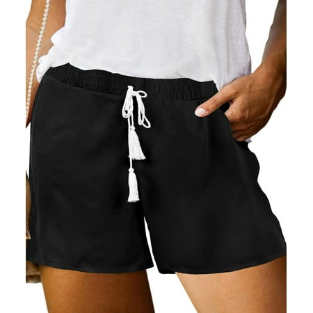 TIYOMI Plus Size Shorts For Women Comfy Black Pants Drawstring Casual Shorts Elastic Waist Pocketed Shorts Summer Beach Shorts XL 14W 16W