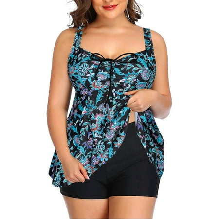 Plus Size Tankini Swimsuits for Women Flowy Bathing Suits with Shorts 2-Piece V Neck Swimwear