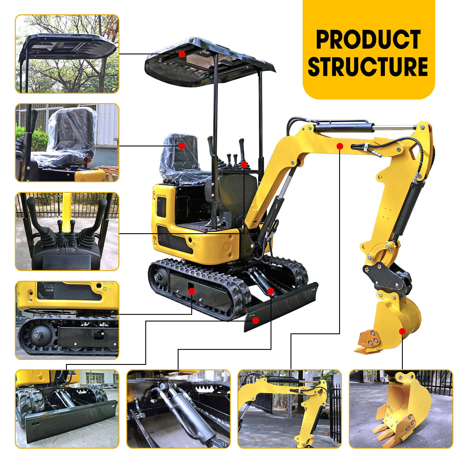 Mini Excavator 1 Ton Digger 13.5HP Tracked Crawler W/Canopy B&S Gas Engine EPA