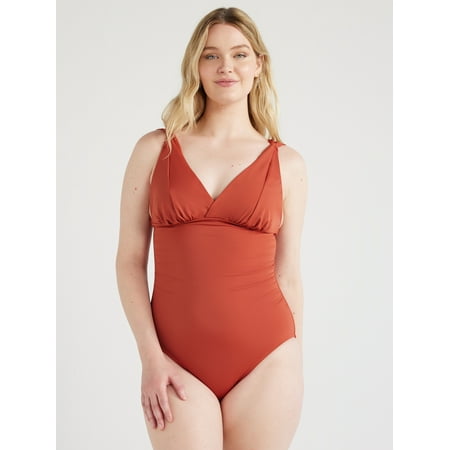 Time and Tru Women’s and Women’s Plus Plunge V Neck One Piece Swimsuit, Sizes XS-3X