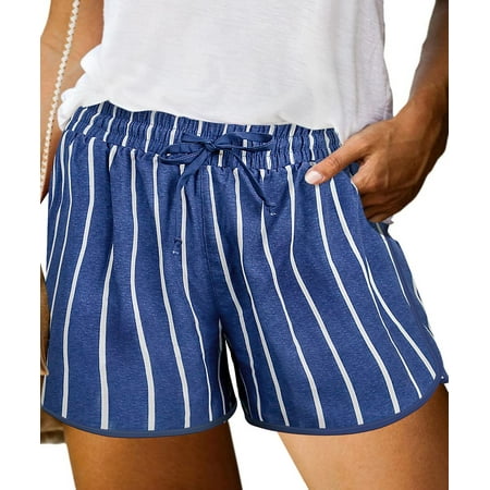 TIYOMI Plus Size Women’s Elastic Waist Blue Shorts 2X Pocketed Stripe Pants Comfy Drawstring Pants Casual Summer Beach Shorts 2XL 18W 20W