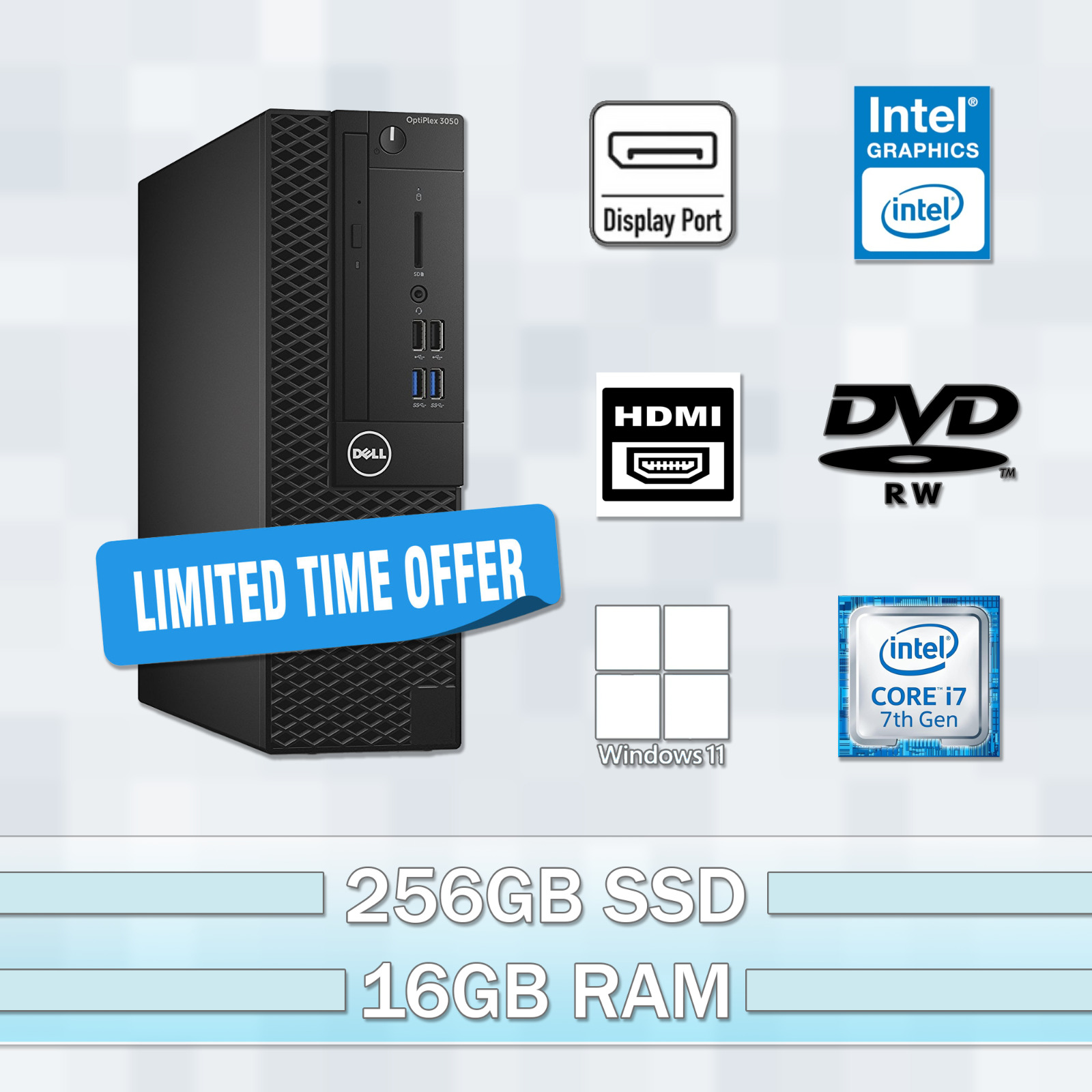 REFURBISHED Dell Optiplex Windows 11 PC ( Intel i7 / 16GB RAM / 256GB SSD ) 3050