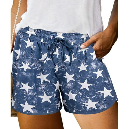 TIYOMI Plus Size Women’s Elastic Waist Blue Shorts 2X Pocketed Star Pants Comfy Drawstring Pants Casual Summer Beach Shorts 2XL 18W 20W