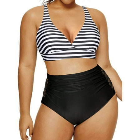 Chama V-Neck Bikini Swimsuit Set Two-Piece with Shirred High Waist Bottom, (Women’s) Plus Size Chama V-Neck Bikini Swimsuit Set Two-Piece with Shirred High Waist Bottom, (Women’s) Plus Size