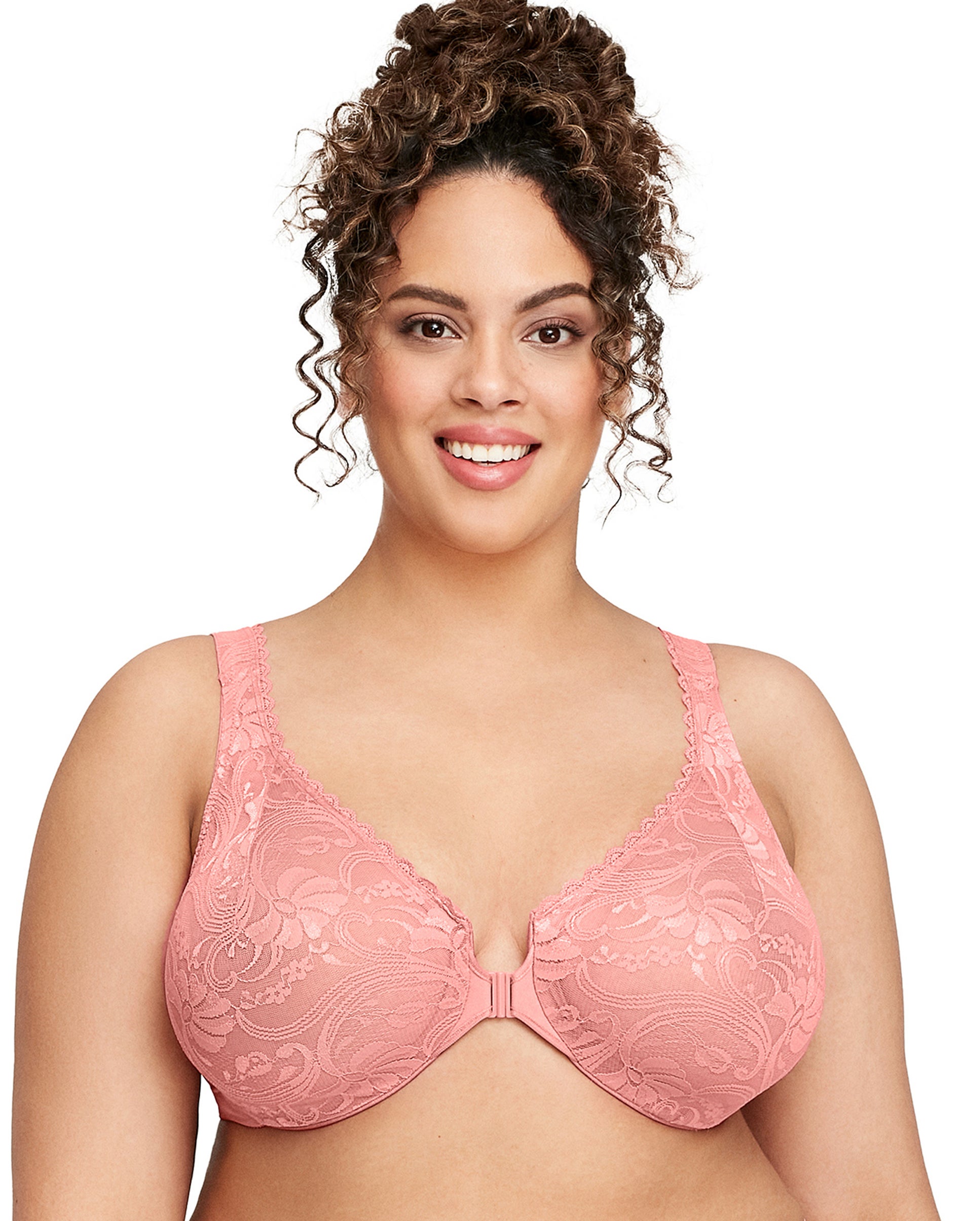 Glamorise Full Figure Plus Size WonderWire Front Close Stretch Lace Bra Apricot 36DD Women’s