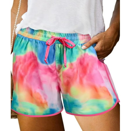 TIYOMI Plus Size Tie Dye Rainbow Shorts For Women 5X Comfy Drawstring Pants Elastic Waist Pocketed Pants Casual Outdoor Summer Shorts 5XL 28W