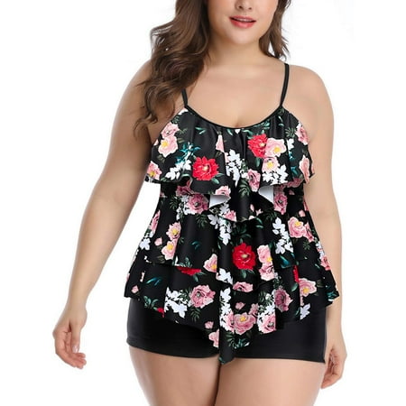 Womens Plus Size Layered Ruffled Tankini Swimsuits with Boyshort Two Piece Flounce Bathing Suit Floral Printed Swimwears