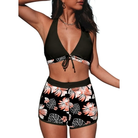 Aleumdr Womens High Waisted Swimsuits with Boy Shorts Sexy Triangle Top Tropical Print Halter Bikini Two Piece Bathing Suits Black 18-20