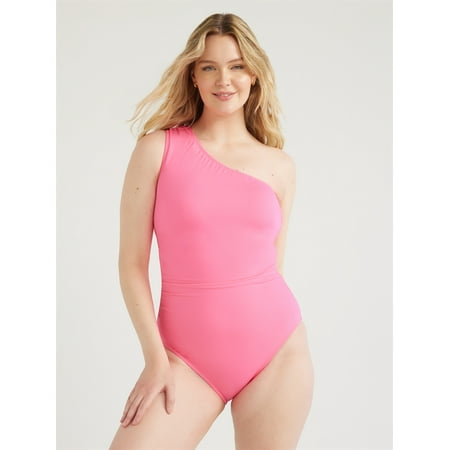 Time and Tru Women’s and Women’s Plus Shirred One Shoulder One Piece Swimsuit, Sizes XS-3X