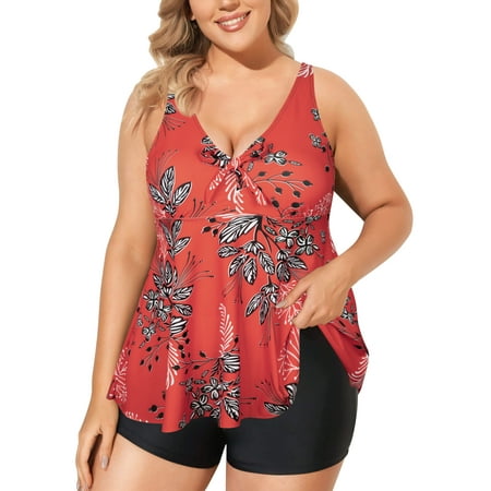 Plus Size Two Piece Tankini Swimsuits for Women Tummy Control Flowy Bathing Suits with Shorts