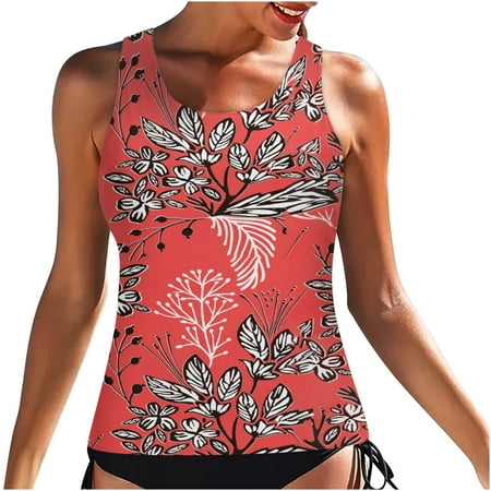 Modest Tankini Tops for Women Swimwear Top Only Halter Crewneck Graphic Bathing Suit Tops Cutout Back Swimsuits Tops