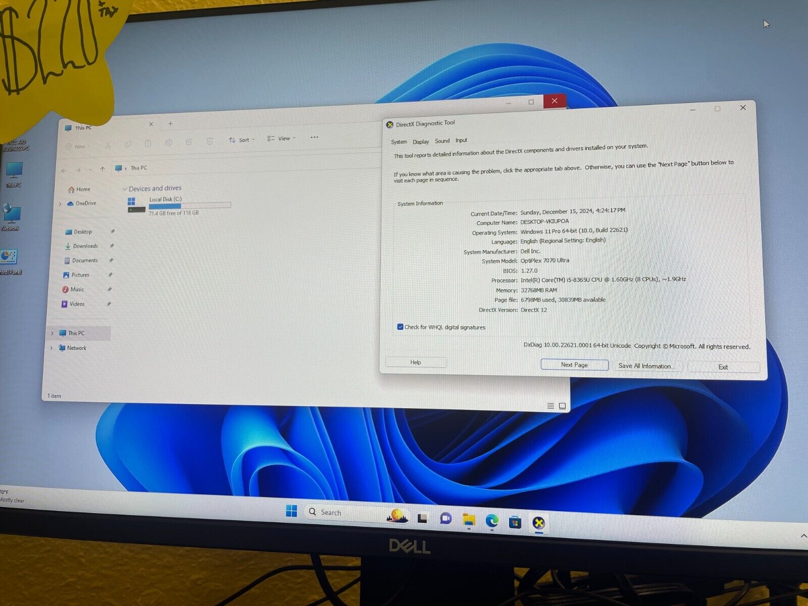 DELL OPTIPLEX 7070 ULTRA  I5 8TH 16GB 120 GB SSD  USED DELL OPTIPLEX 7070 ULTRA  I5 8TH 16GB 120 GB SSD  USED