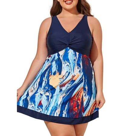 Summer Mae Womens Plus Size Swimsuits with Shorts One Piece Bathing Suit Floral Printed Swimwear Padded High Waist Swimdress