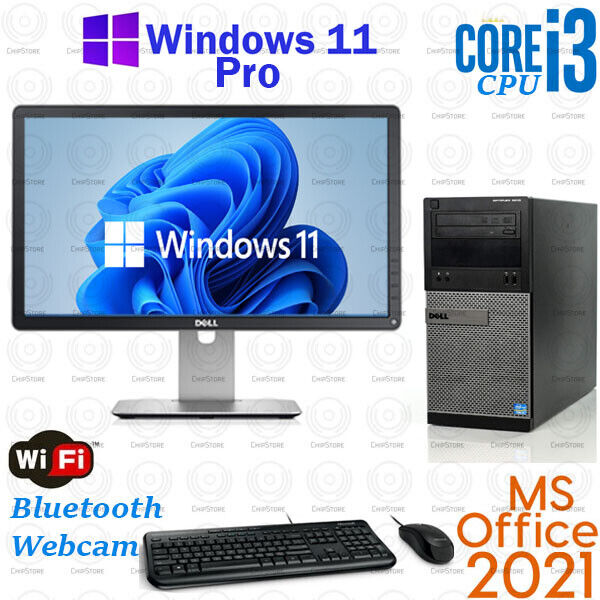 WINDOWS11 PC Dell Desktop Computer WiFi DVD Core i3 8GB RAM OFFICE 2021 Monitor