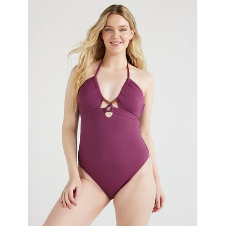 Time and Tru Halter Beaded Tunnel One-Piece Swimsuit (Women’s Sizes XS – 3X)