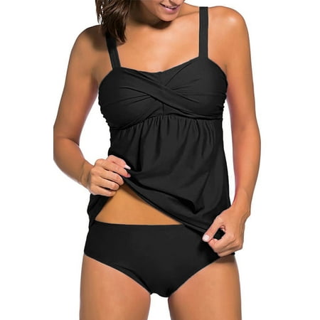 DOKOTOO Tankini Bathing Suits for Women Solid Plus Tankini Set Swimwear with Swim Briefs Criss Cross Push Up Beachwear Black 3XL 22-24 DOKOTOO Tankini Bathing Suits for Women Solid Plus Tankini Set Swimwear with Swim Briefs Criss Cross Push Up Beachwear Black 3XL 22-24