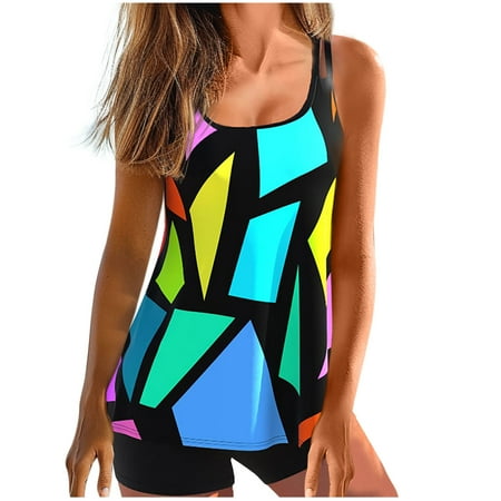 Amzcrzy Womens 2024 Two Piece Tankini Swimsuits Modest Tankini Bathing Suit Tops with Shorts Tummy Control Swimwear S-5XL