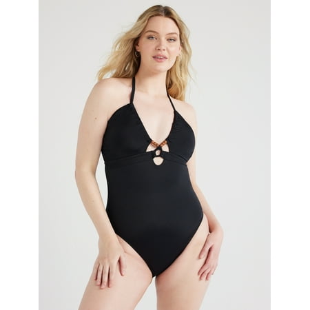 Time and Tru Women’s and Women’s Plus Beaded Tunnel Halter One Piece Swimsuit, Sizes XS-3X
