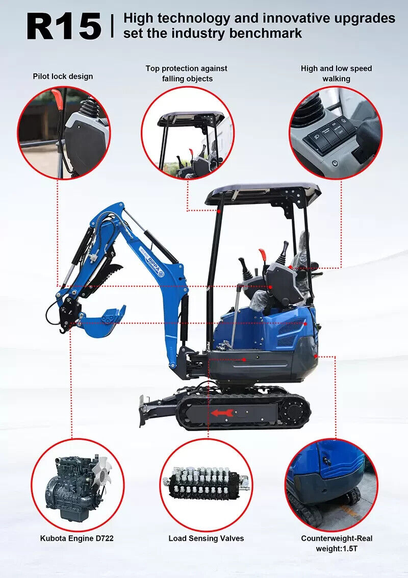Rippa 1.5 Ton Mini Excavator R15 with Kubota Engine/Telescopic Tracks/Swing Boom