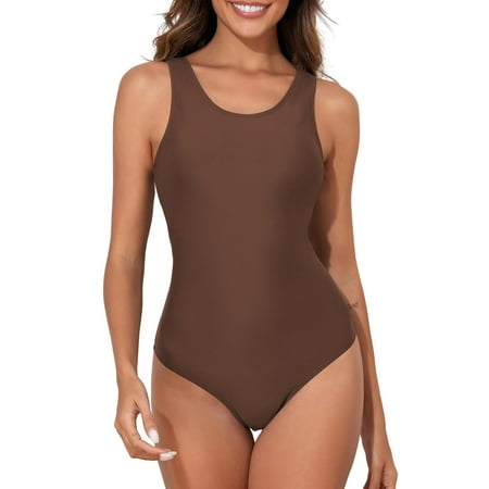 Eytino Bathing Suit One Piece Swimsuits for Women Athletic Training Swimsuits Slimming Bathing Suits for Women Swim Suit Modest Full Coverage Swimming Suits Womens Swimwear Brown 2XL
