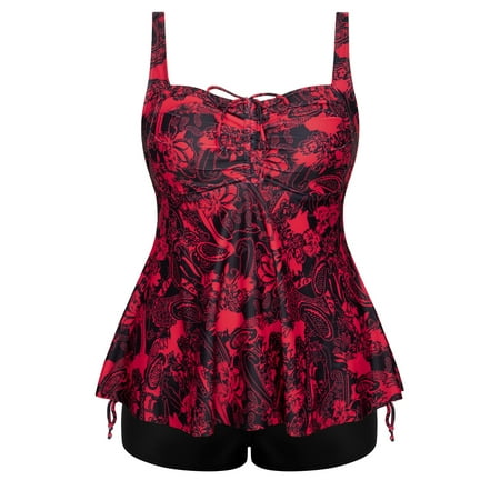 Plus Size Tankini Bathing Suits for Women Retro Paisley Two Piece Swimwear Tummy Control Tankini Swimwears