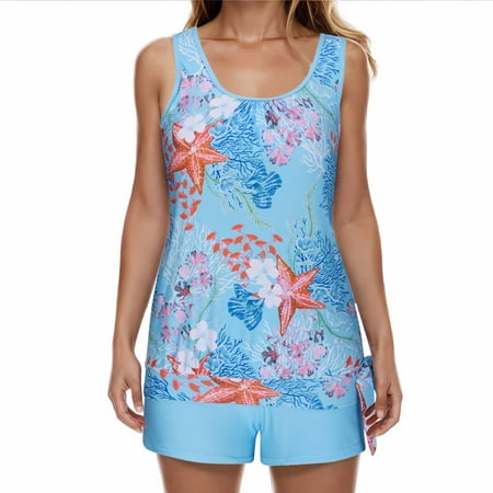Tankini Swimsuits for Women Loose Fit Floral Printed Modest Two Piece Bathing Suits on Clearance