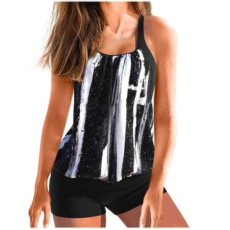 Amzcrzy Womens 2024 Two Piece Tankini Swimsuits Modest Tankini Bathing Suit Tops with Shorts Tummy Control Swimwear S-5XL