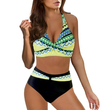 Aayomet Women High Waisted Bikini Sets Two Piece Swimsuit Push Up Twist Front Ruched Bathing Suit (Yellow, L)