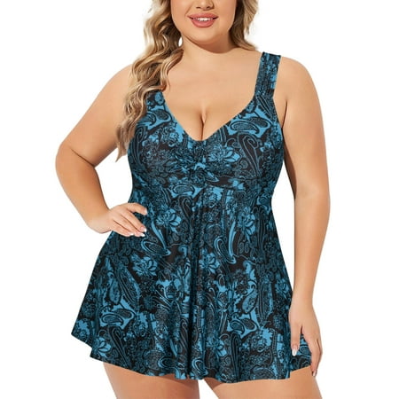 Chama Women Plus Size Swimdress Two Piece Tie Front V Neck Tankini Swimsuit with Boyshort Flowy Swimwear