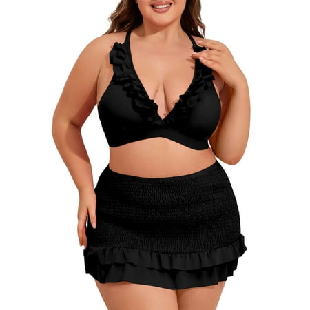 Jusfitsu Plus Size Bikini Sets for Women V Neck High Waisted Bathing Suits Tummy Control Swimsuits 3 Piece Swimwear