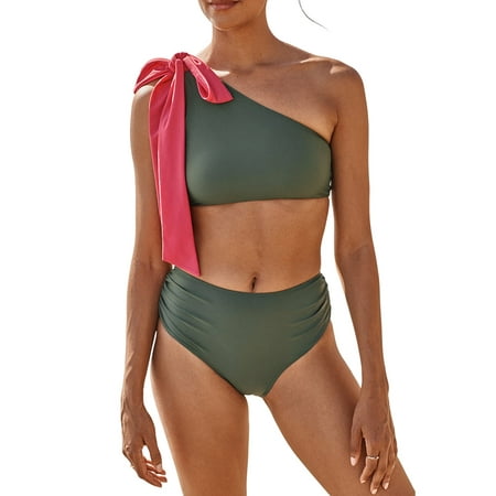 AlvaQ Women’s Bikini Sets One Shoulder Top High Waisted Bikini Two Piece Swimsuits Ruched Bathing Suit Green XL