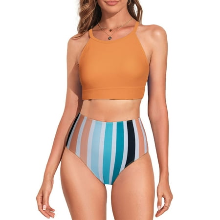 Aleumdr Womens Bathing Suits 2 Piece Bikini Set Vintage Swimsuits High Waisted Bikini Sets Summer Push Up Swimwear Orange Stripe XL