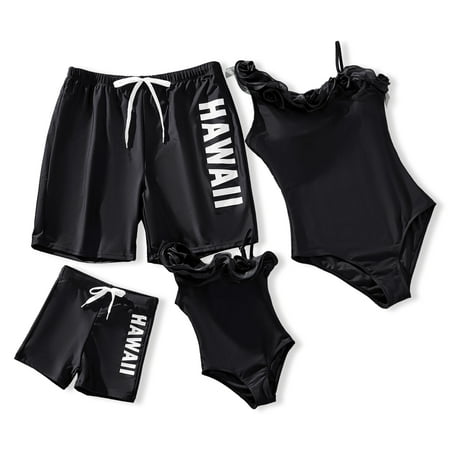 PatPat Women Swimsuits One Piece Bikinis Black Bathing Suit Set One Shoulder 3D Flower Family Matching Beach Outfits