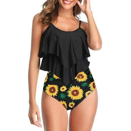 Zando Womens Plus Size Tankini Swimsuit 2 Piece Bathing Suits for Women Ruffled Tummy Control High Waisted Swimsuits Black Sunflower 2XL