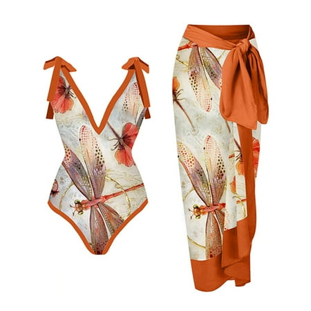Frostluinai Savings Clearance! Plus Size Swimsuit for Women Two Piece Bathing Suit w/ Swimsuit Cover Up Wrap Skirt Floral Print Bikini Set Beach Swimwear