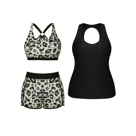 Women Plus Size 3 Piece Tankini Swimsuits Athletic Bathing Suits with Boy Shorts Tank Top with Sports Bra