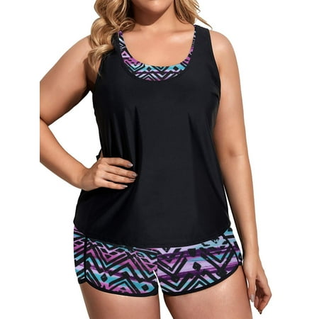 3 Piece Tankini Swimsuits for Women Plus Size Tummy Control Athletic Tankini Set Tribal Print Bathing Suits