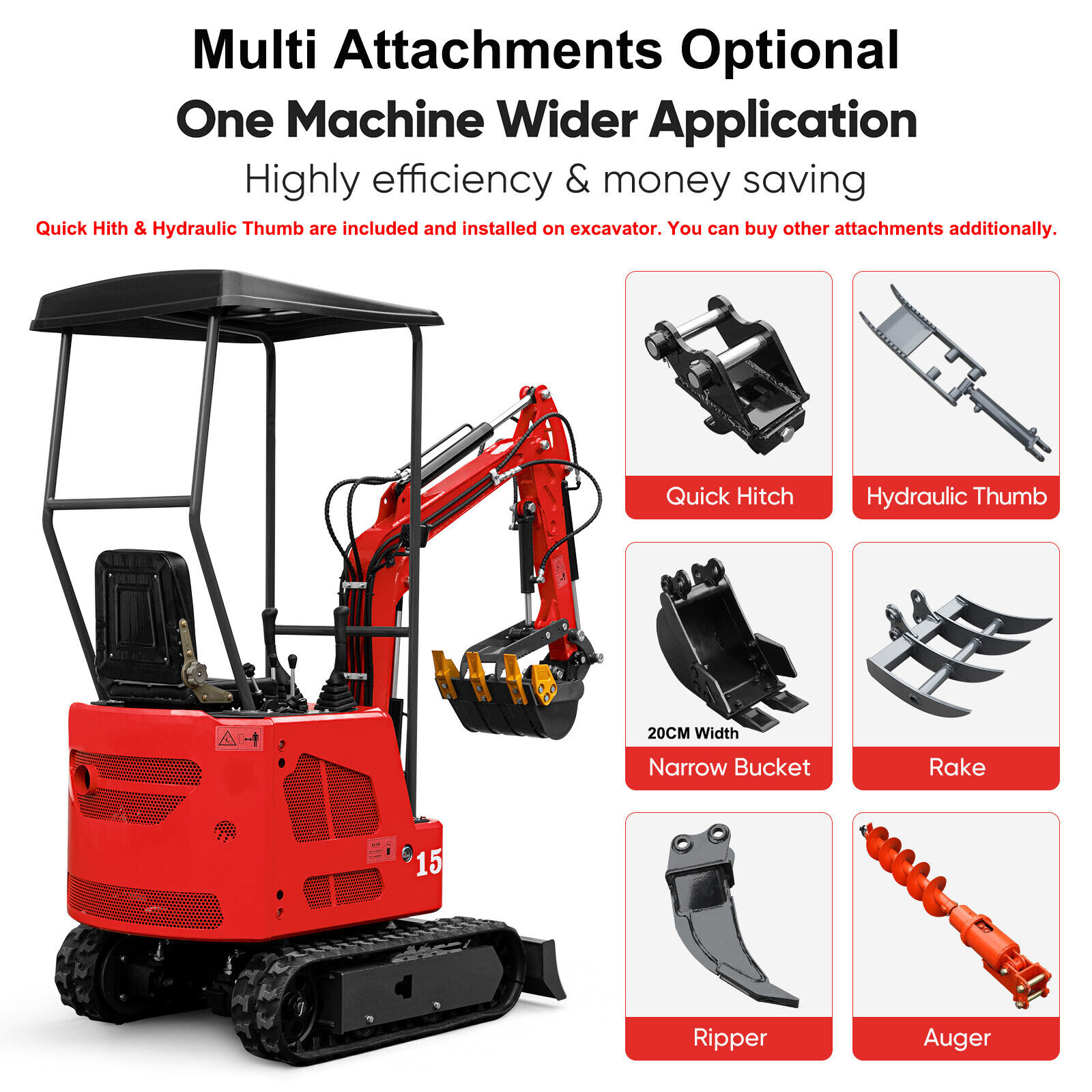 1.5Ton Mini Excavator Crawler Digger 13.5hp B&S EPA Bucket Dozer Hydraulic Thumb