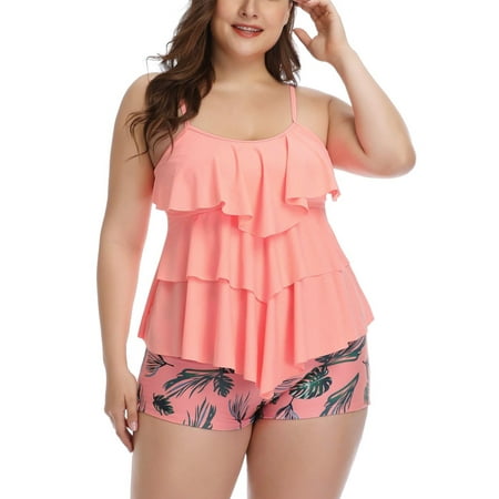 Women Plus Size Tankini Swimsuits Tummy Control Two Piece Bathing Suit Ruffled Flounce Swimwear with Shorts
