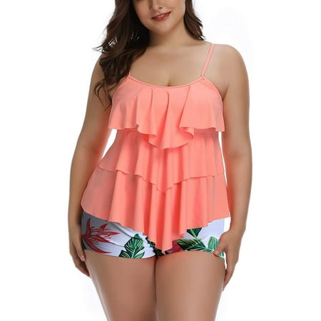 Chama Plus Size 2-Piece Swimsuits for Women Flounce Printed Tankini Bathing Suits Tummy Control