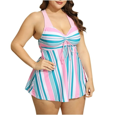 Jewelreauty Womens Plus Size Swim Dress Bathing Suits Print Drawstring Tankini Tops with Boyshorts 2 Piece Sets (5XL, Pink)
