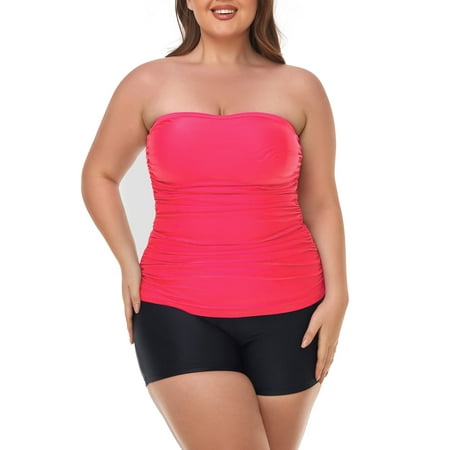 RELLECIGA Women’s Plus Size 2-Piece Swimsuit Set Tankini Sets Strapless Ruched Bandeau Tankinis with Boy Shorts Tummy Control Red Two Piece Bathing Suit